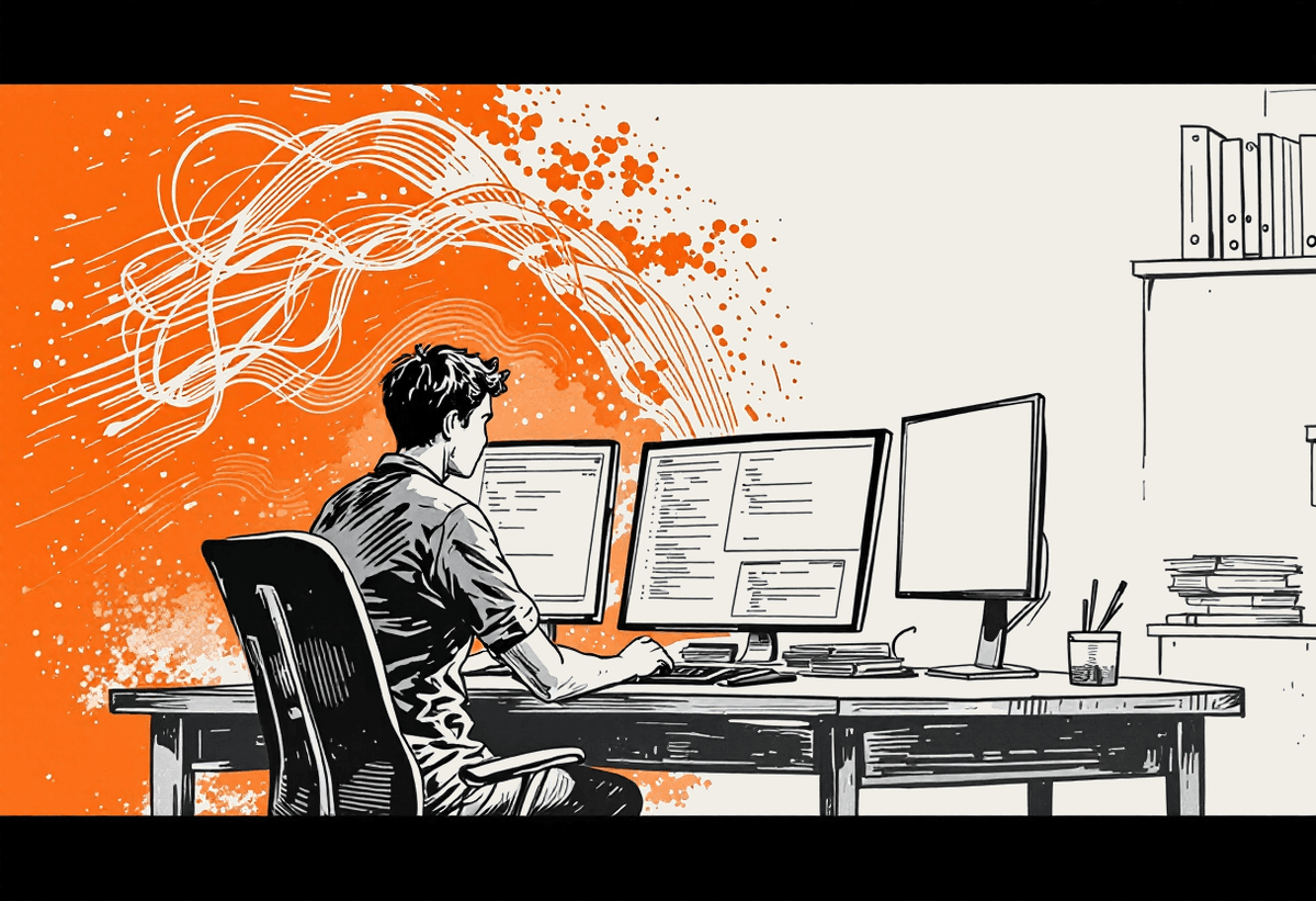 Hand-drawn illustration of a developer at a desk with monitors, code lines flying from the screens into an organised stack of papers