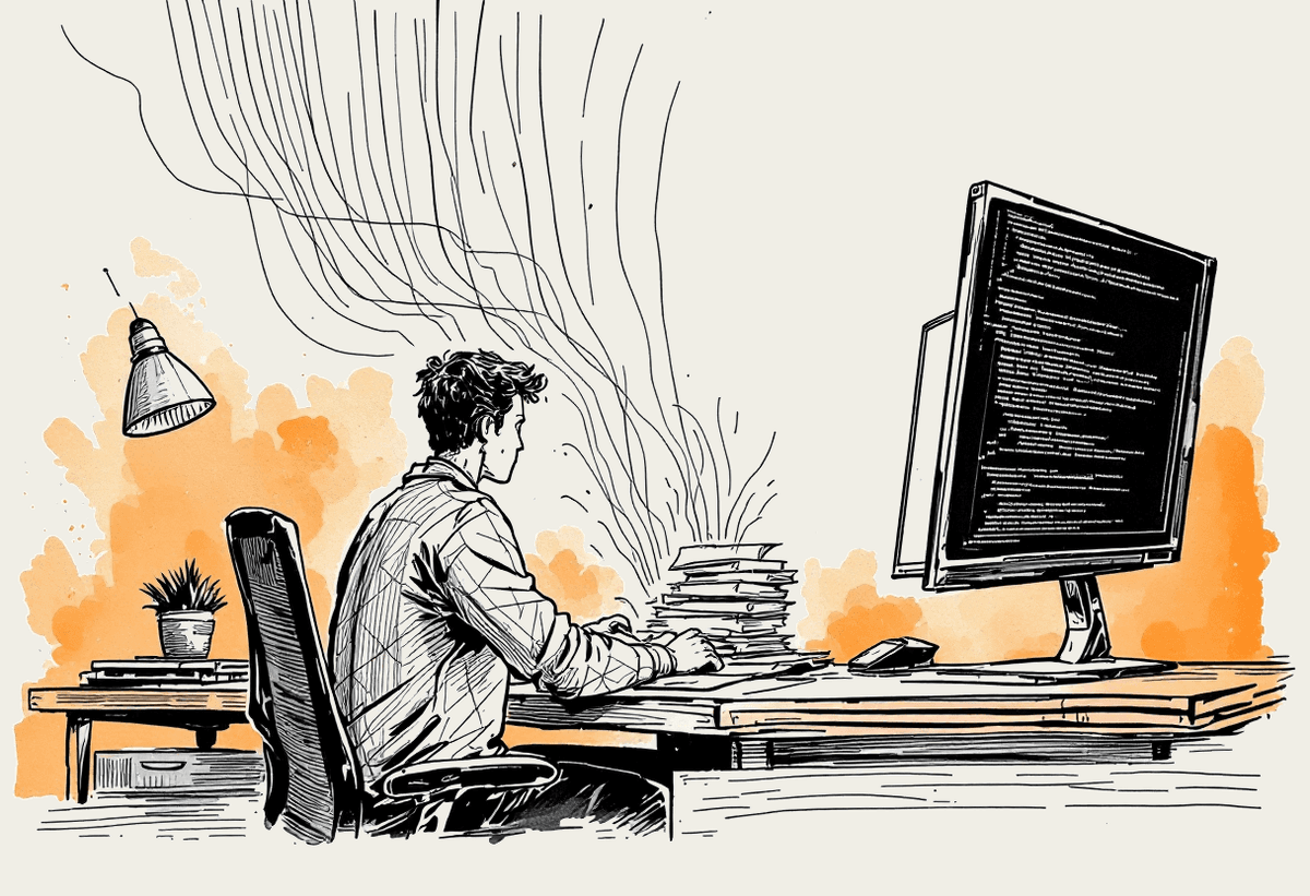 Hand-drawn illustration of a developer at a desk with monitors, code lines flowing into an organised stack of papers