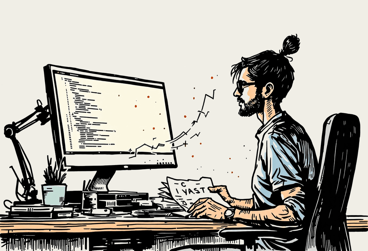 Hand-drawn illustration of a developer at a desk with code flowing from monitors into organised stacks of documents