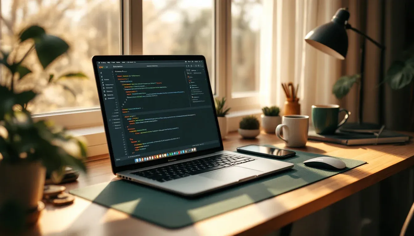 An iPhone and a laptop showing Swift code on a developer's desk by a window