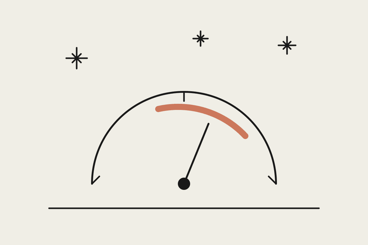 A dial with a needle pointing steadily into a terracotta safe zone while small starburst icons representing new model releases fly past overhead