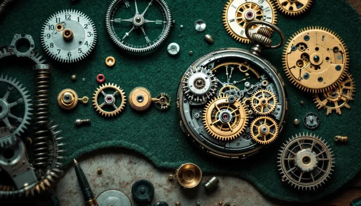 Pocket watch movement disassembled and arranged in sequence on dark green felt