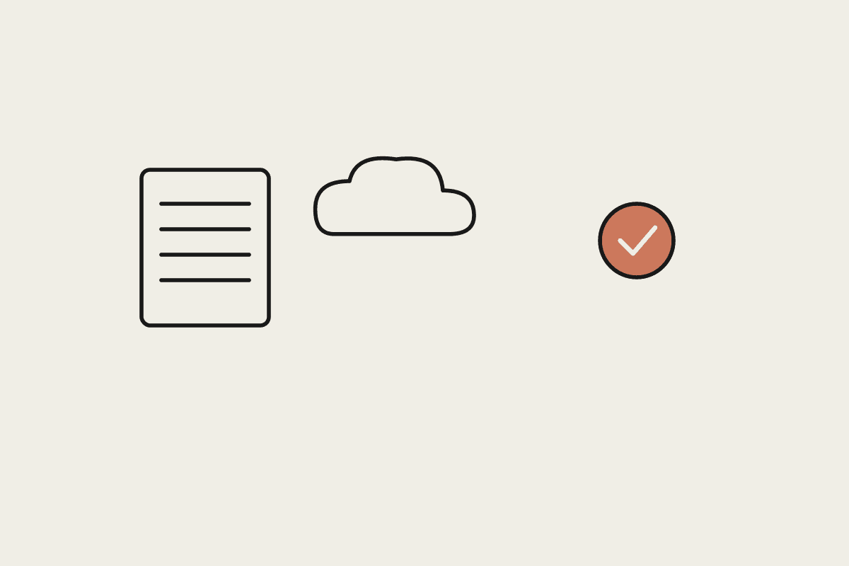A document, a cloud, and a terracotta check mark