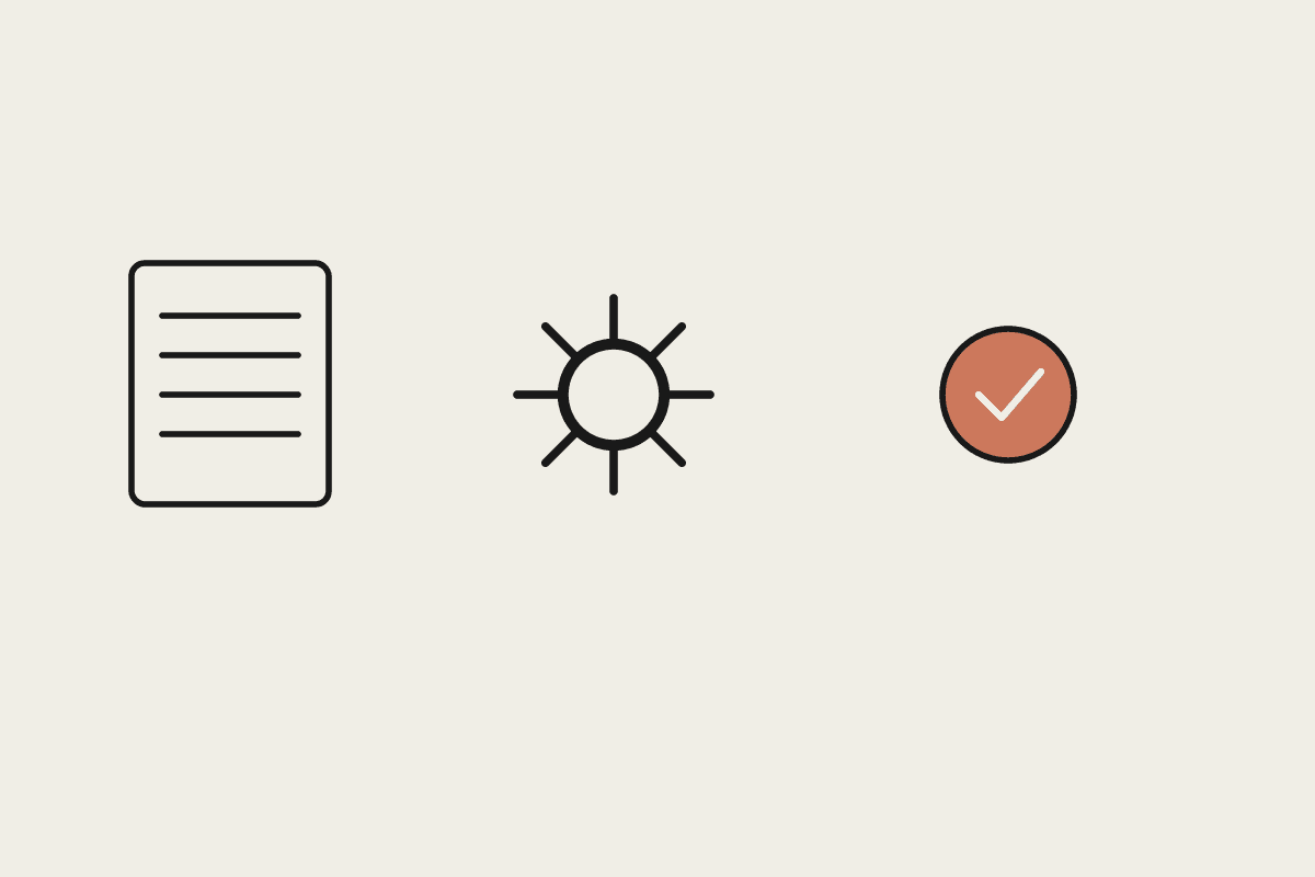 A document, a gear, and a terracotta checkmark