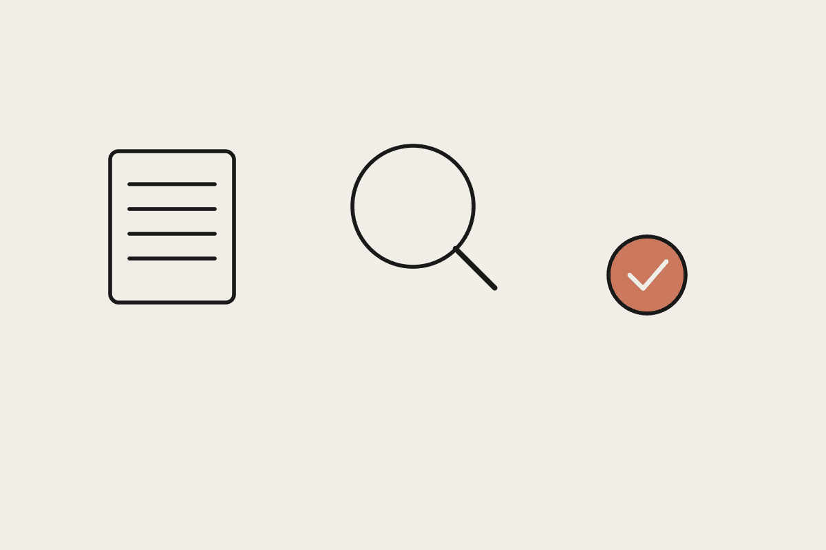 A document, a magnifying glass, and a terracotta checkmark