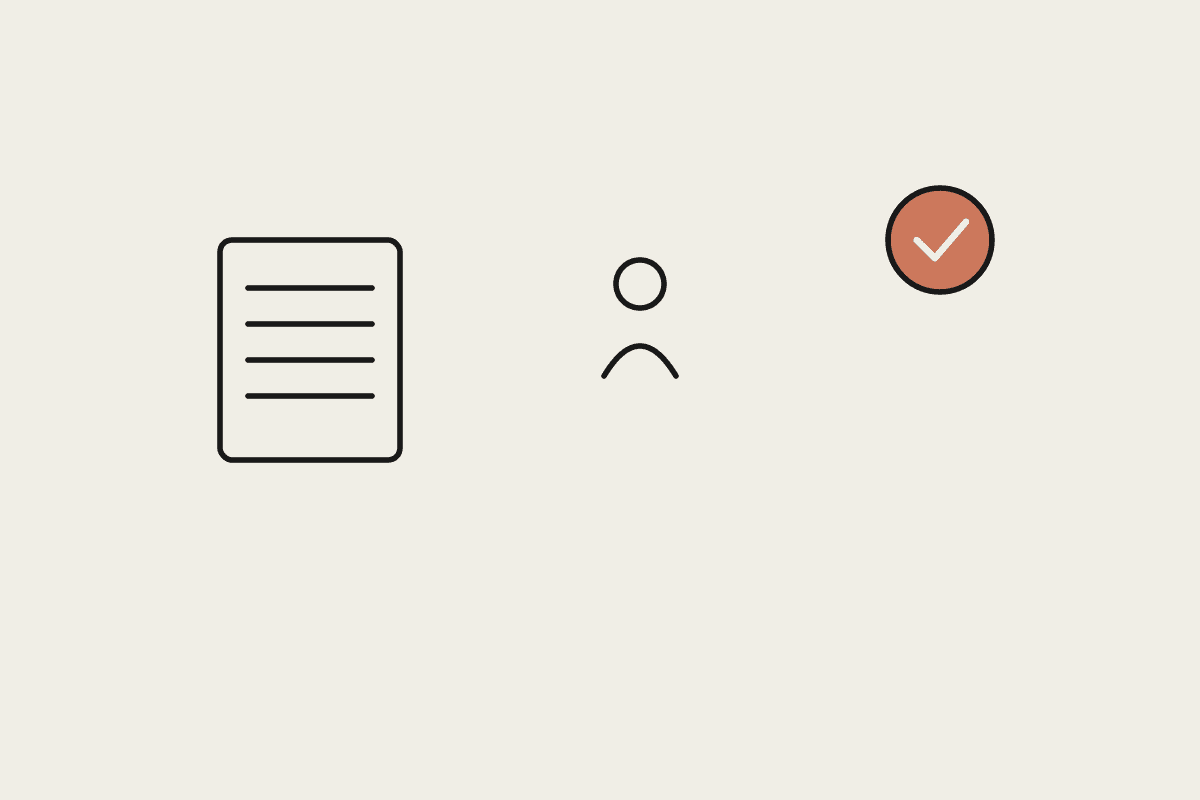 A document, a person, and a terracotta check mark