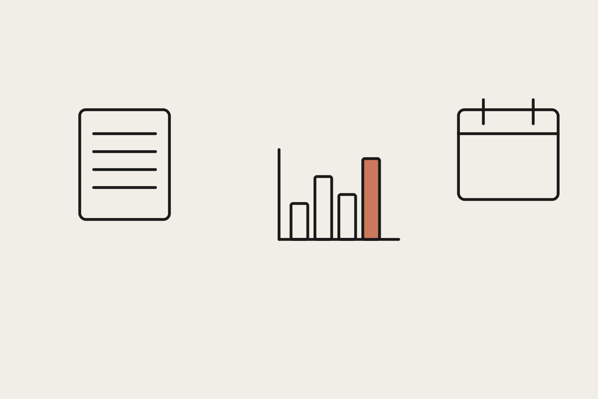 A document, a terracotta bar chart, and a calendar