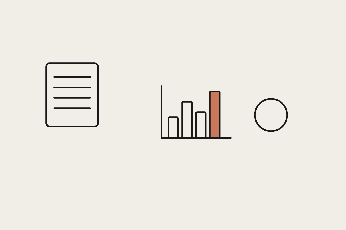A document, a terracotta bar chart, and a checkmark