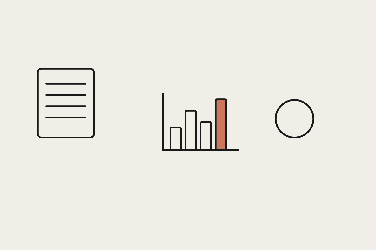 A document, a terracotta bar chart, and a checkmark