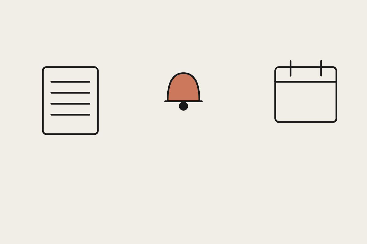 A document, a terracotta bell, and a calendar