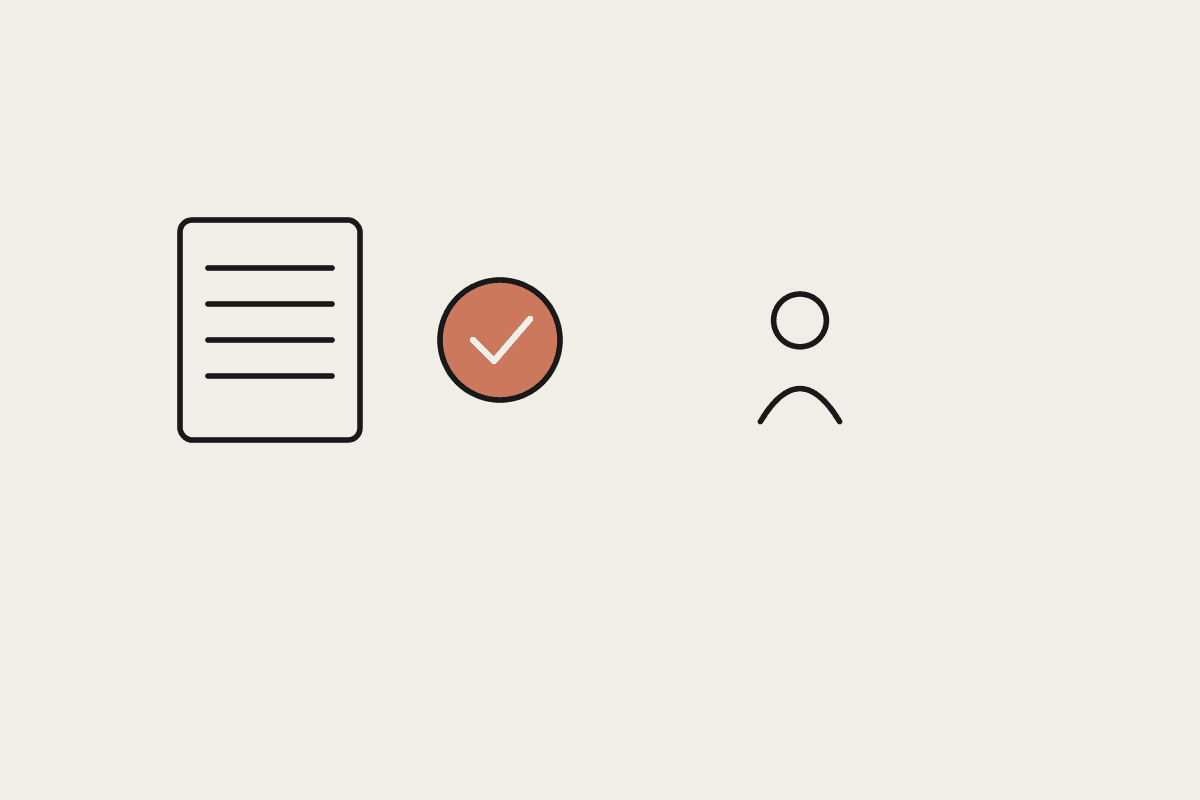 A document, a terracotta check mark, and a person