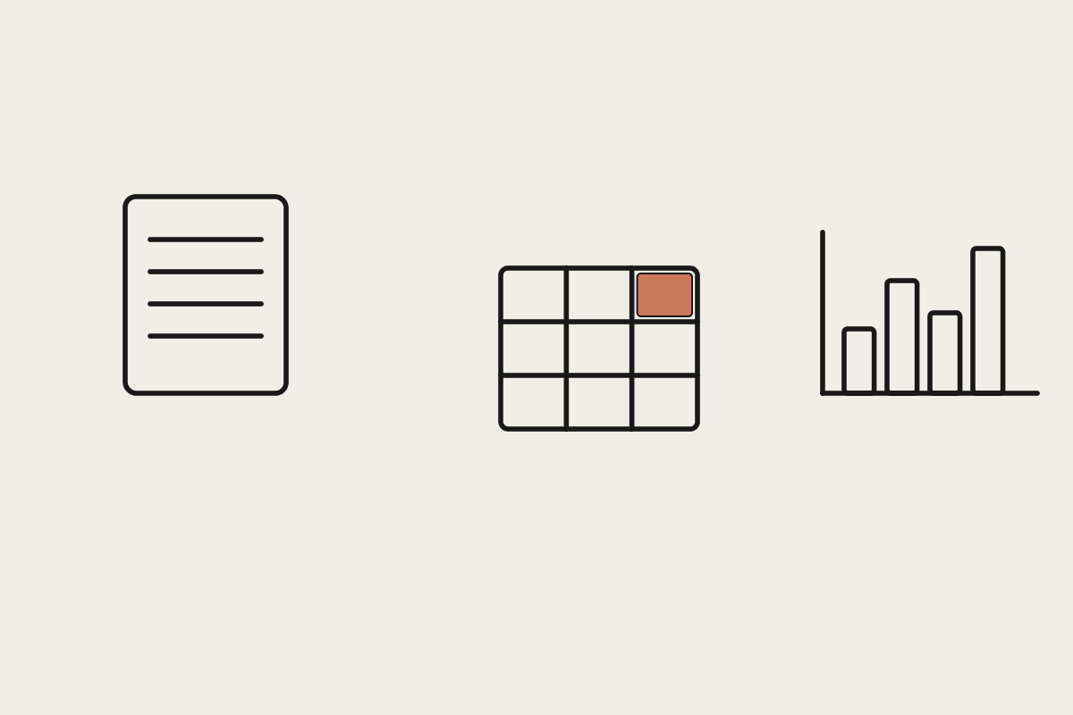 A document, a terracotta grid, and a chart