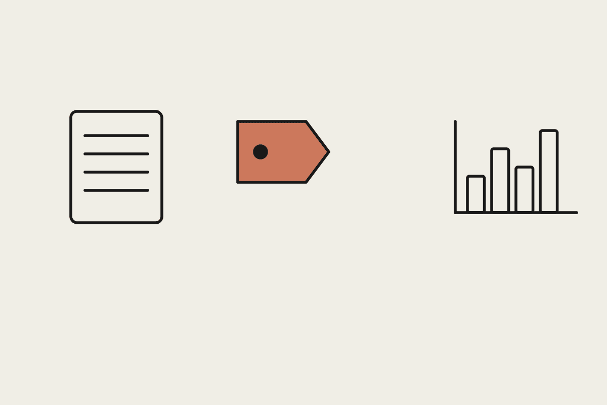 A document, a terracotta price tag, and a chart