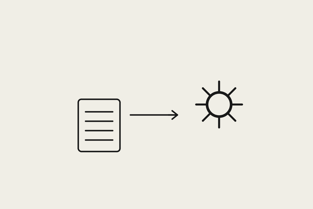 A document, an arrow and a gear representing the progression from a one-off prompt to an automated workflow