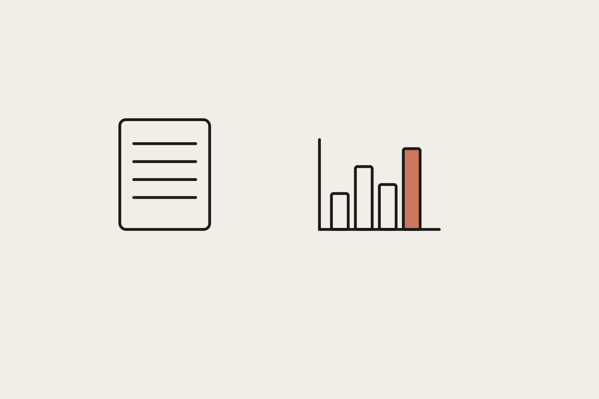 A document beside a terracotta bar chart