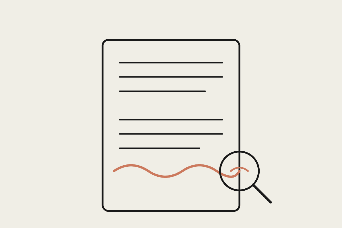 A document page with a faint terracotta watermark wave and a magnifying glass detecting it