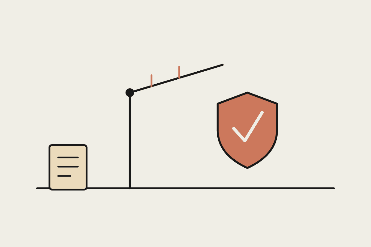A document passing a raised gate guarded by a terracotta shield with a check mark, in Automata AI notebook style