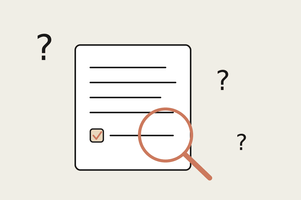 A document with a checklist and question marks under a terracotta magnifying glass, illustrating inviting hard questions and showing the work