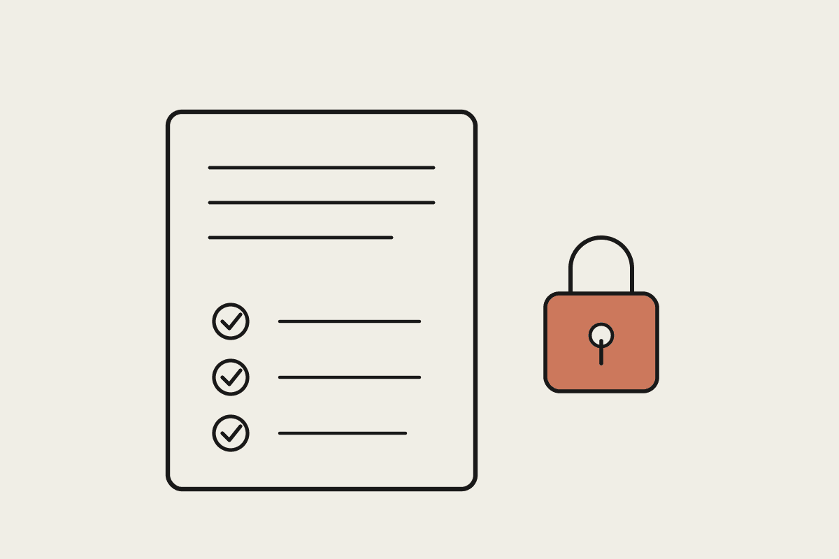 A document with a visible audit trail of checkmarks beside a terracotta padlock representing a governance gate