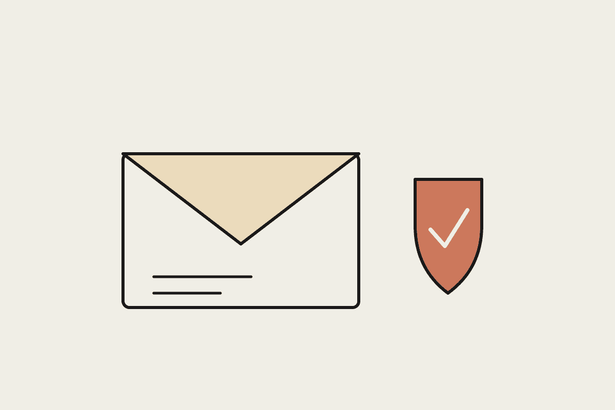 A drawn envelope with a terracotta compliance shield and tick, representing compliant debt collection contact drafting