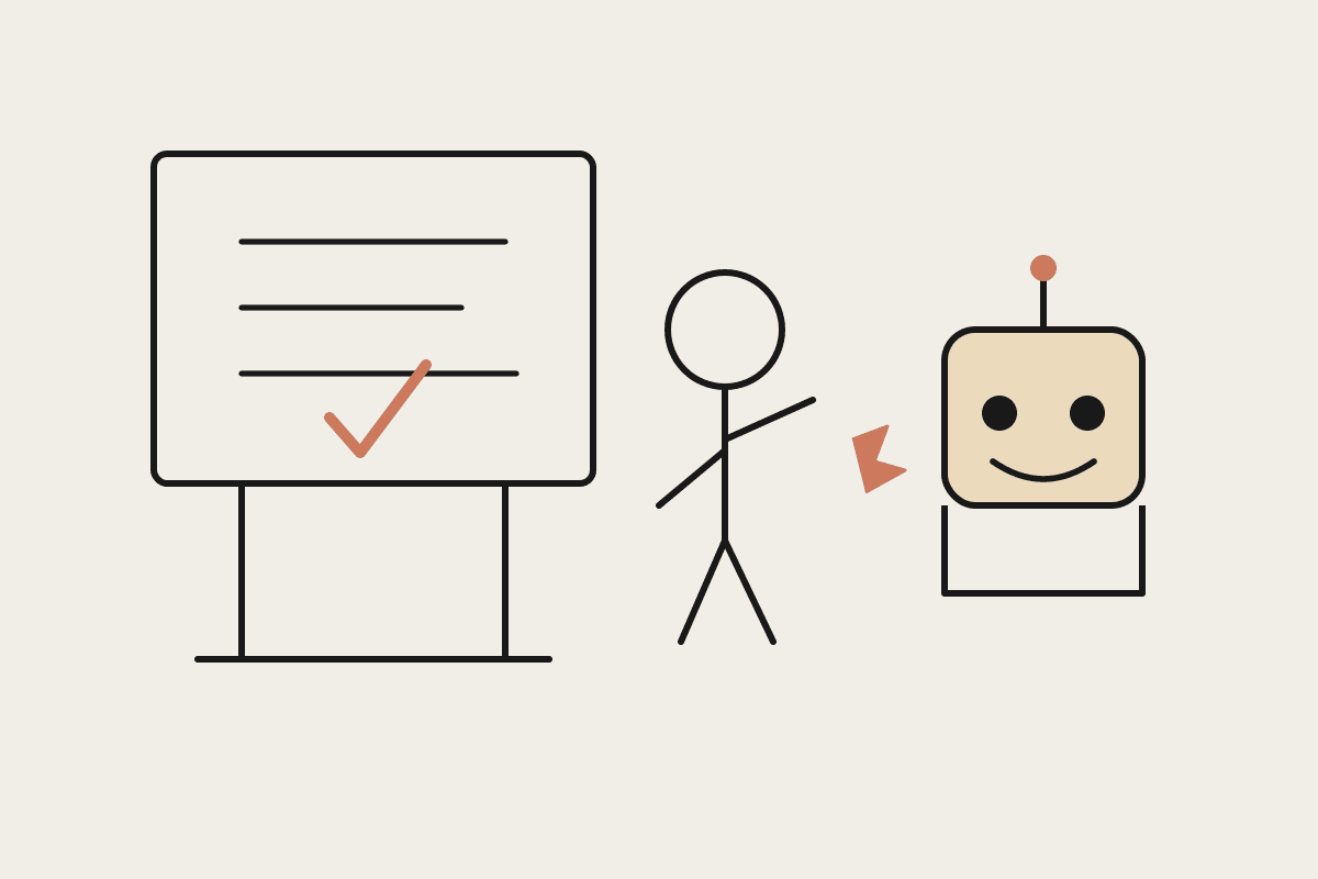 A facilitator points to a whiteboard with a terracotta tick while a friendly robot shares a spark of an idea