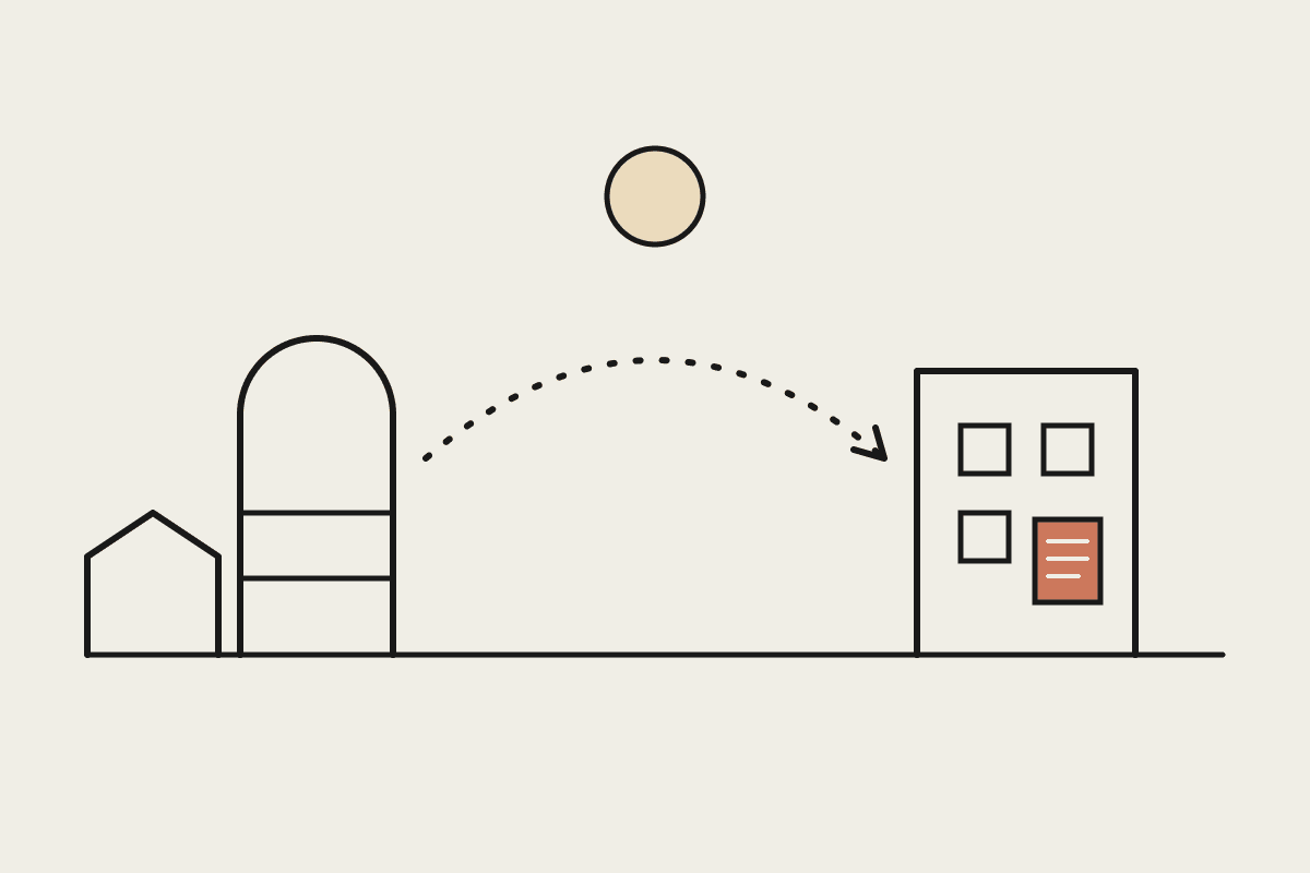 A farm silo and shed on one side and a connected office block on the other, joined by a sync arc, with a terracotta stack of paperwork on the office