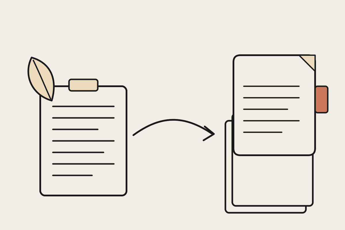 A field-note clipboard with a leaf sketch beside a bound technical report with a terracotta reference tab