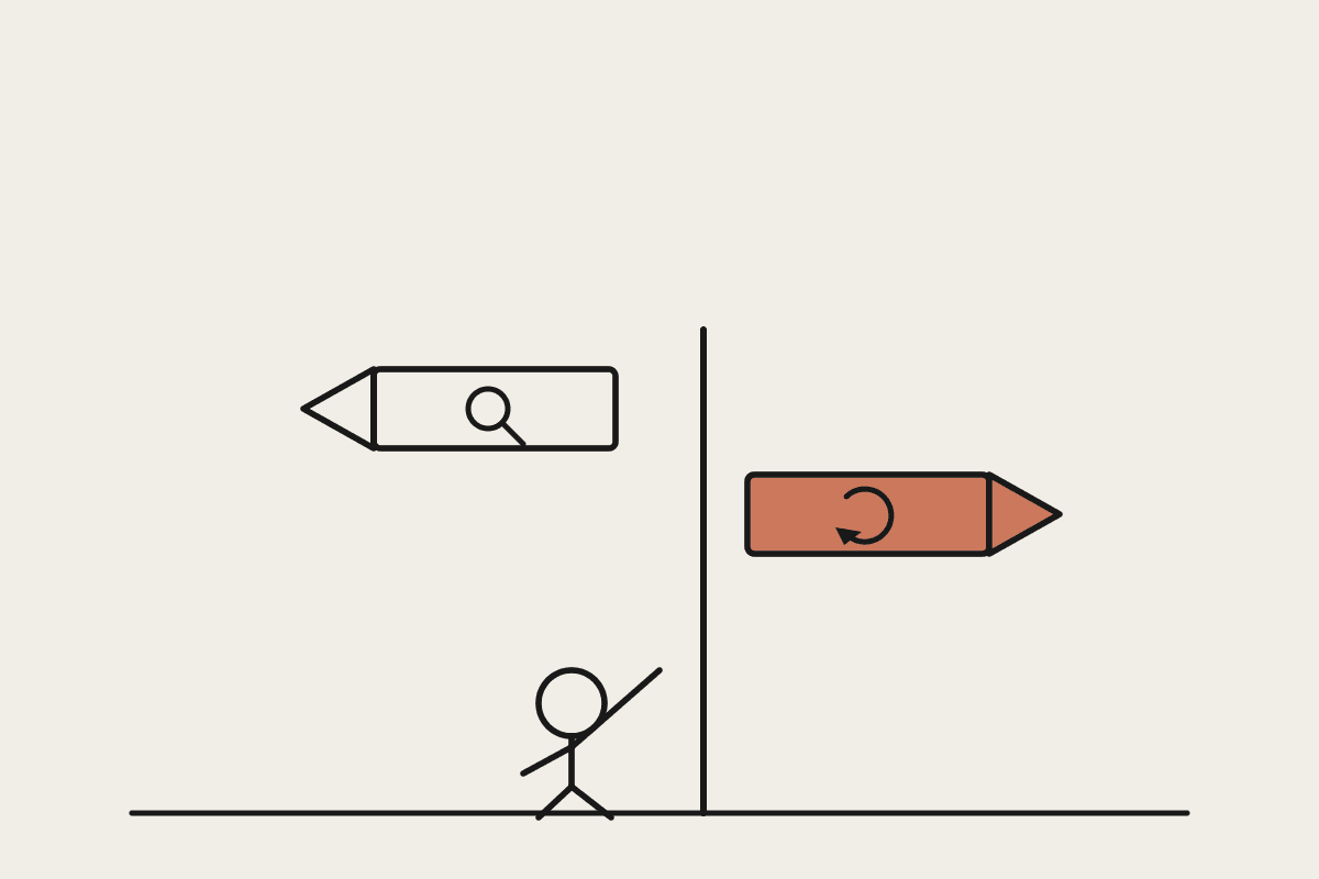 A figure at a signpost choosing between a plain search sign and a terracotta agent-loop sign, representing the choice between a quick lookup and deeper follow-up work.