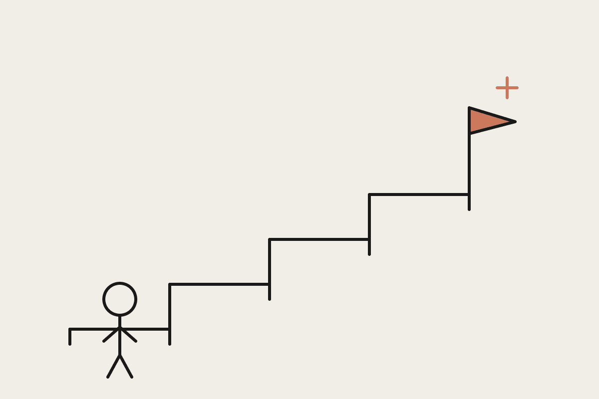A figure climbing a staircase of ledges toward a terracotta flag at the top