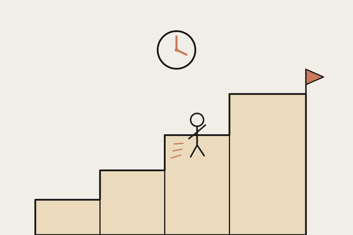 A figure climbing a staircase toward a flag at the top, with a clock marking time along the way