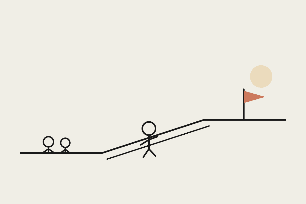 A figure crossing a plank bridge from a low ledge where two colleagues wait toward a higher ledge with a terracotta flag