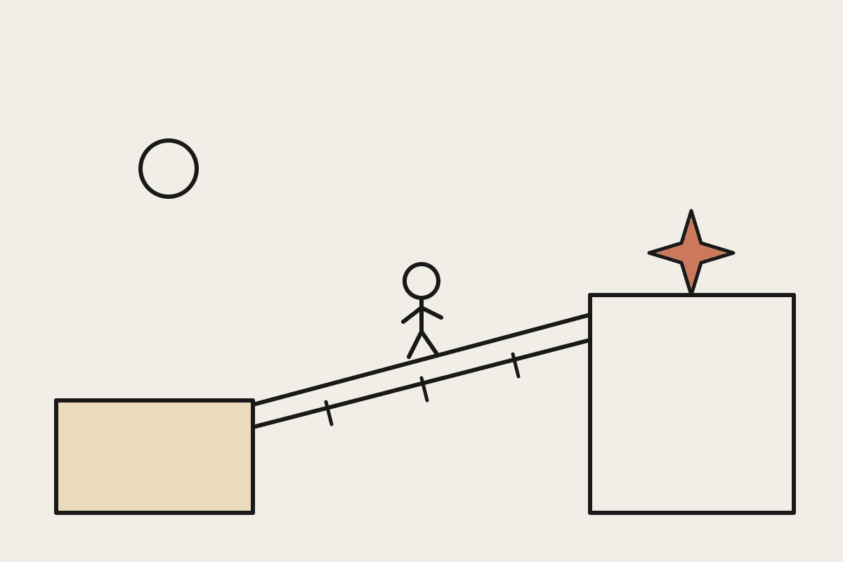 A figure crossing a plank bridge from a lower ledge to a higher ledge marked with a terracotta star, illustrating a switch from ChatGPT Team to Claude Team