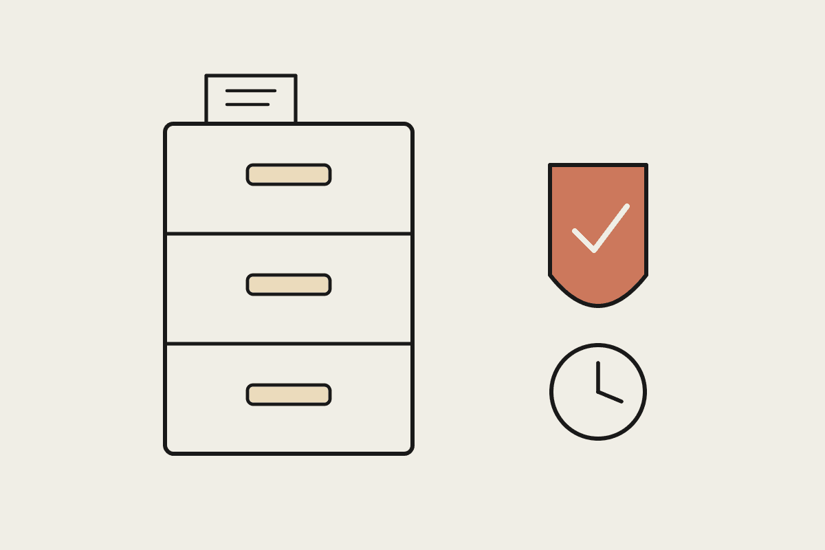 A filing cabinet beside a shield and a clock, illustrating retention of AI records