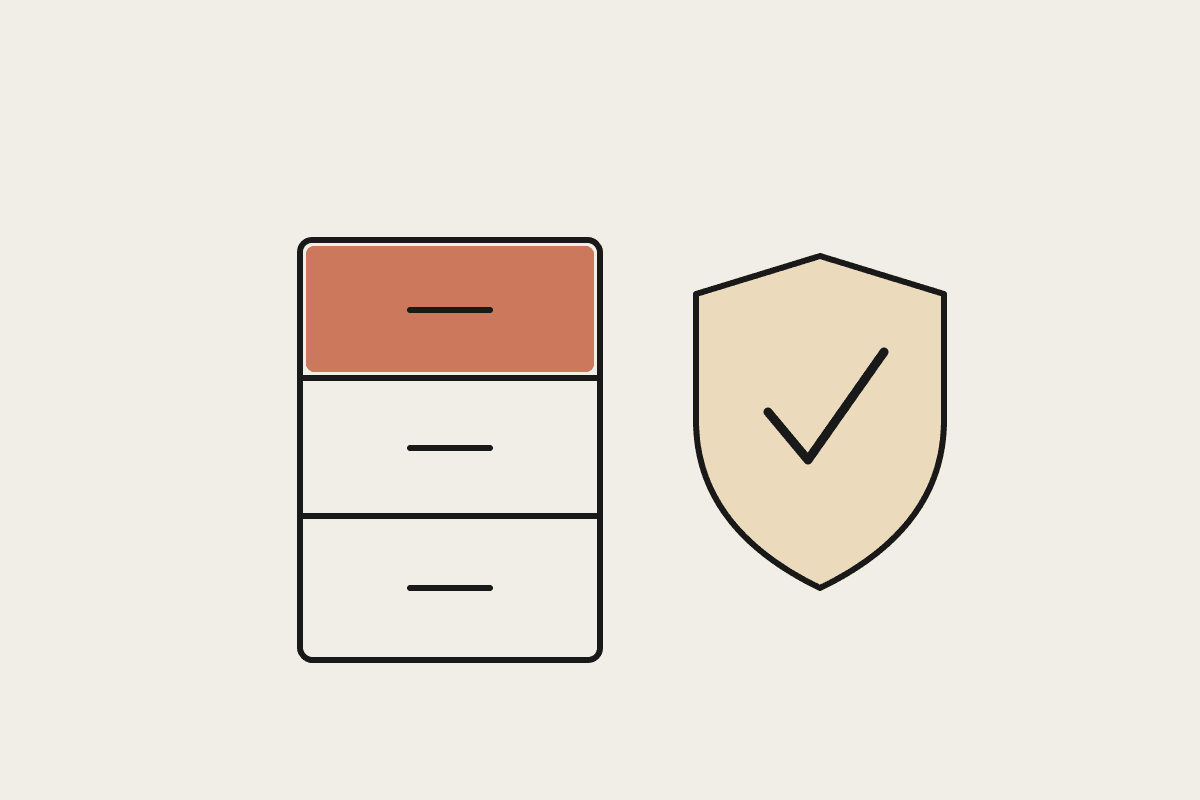 A filing cabinet beside a shield with a tick, representing contractor compliance records