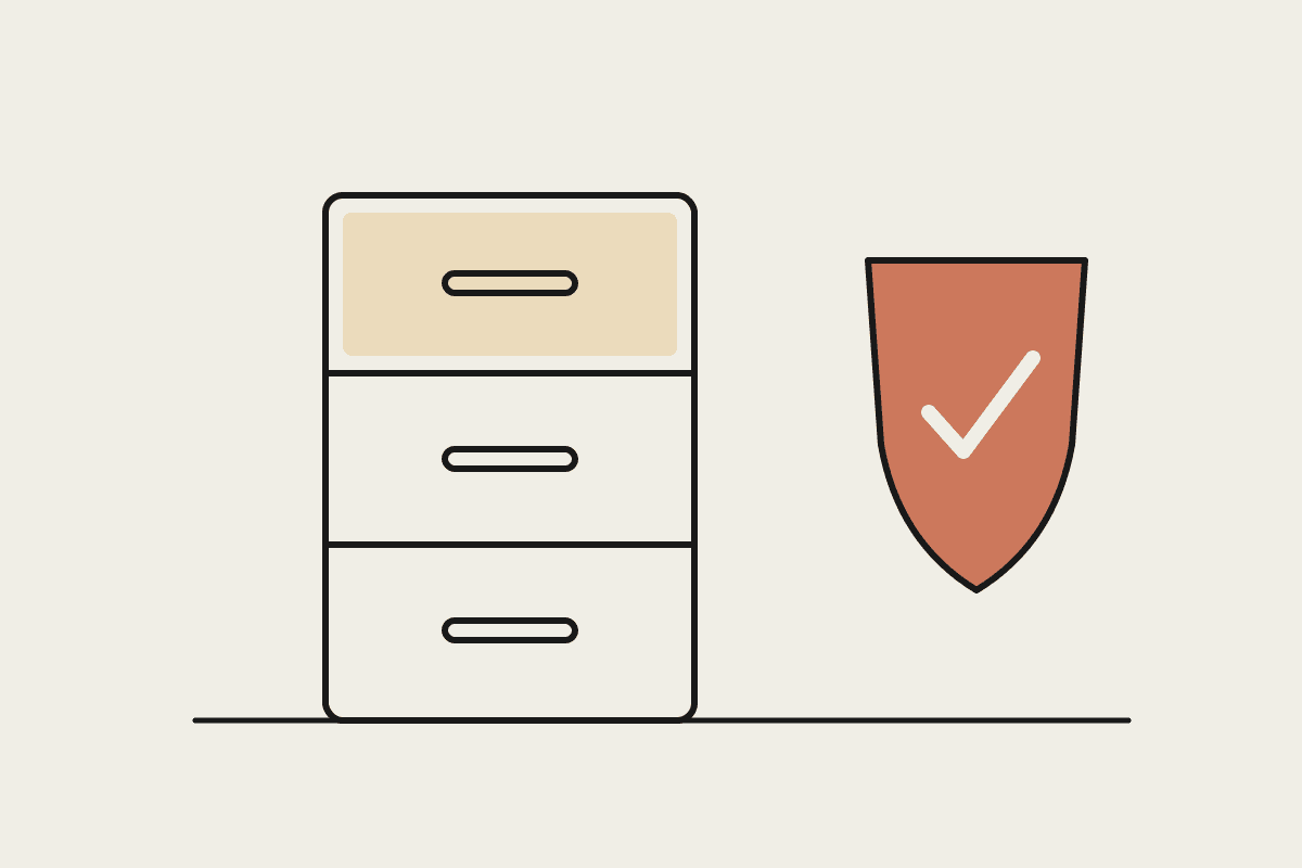 A filing cabinet of privileged client files standing beside a shield, in the Automata notebook style