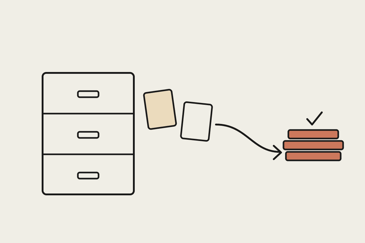 A filing cabinet with papers moving along a curved path into a neat terracotta stack, showing the last step from stored document to finished work.