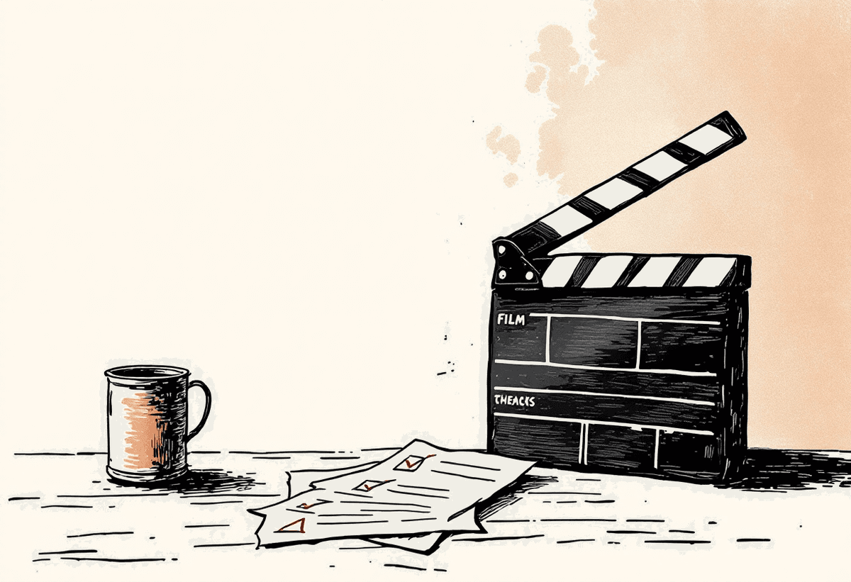 Hand-drawn illustration of a clapperboard and a play button next to a short checklist