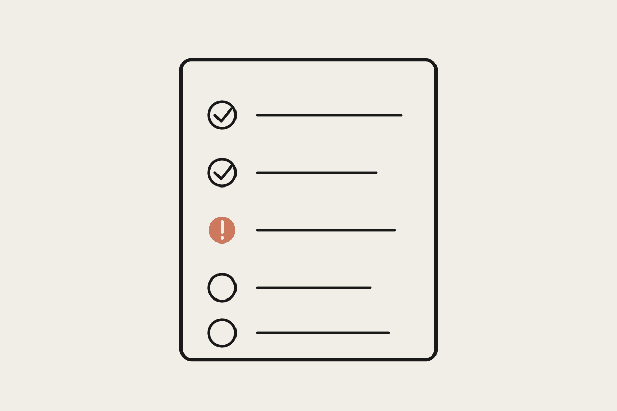 A five-item checklist where the middle item is flagged in terracotta rather than ticked