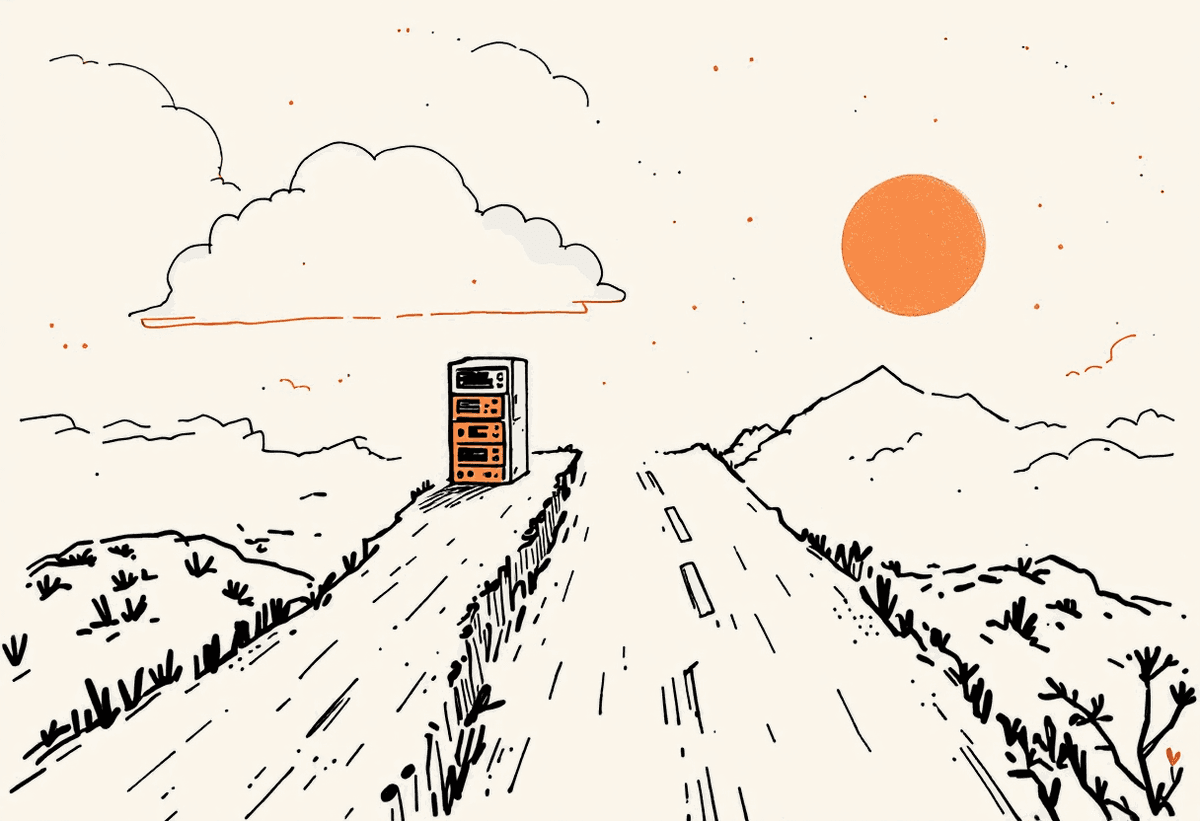A hand-drawn fork in the road: one path to a self-run server stack, the other to a managed cloud model