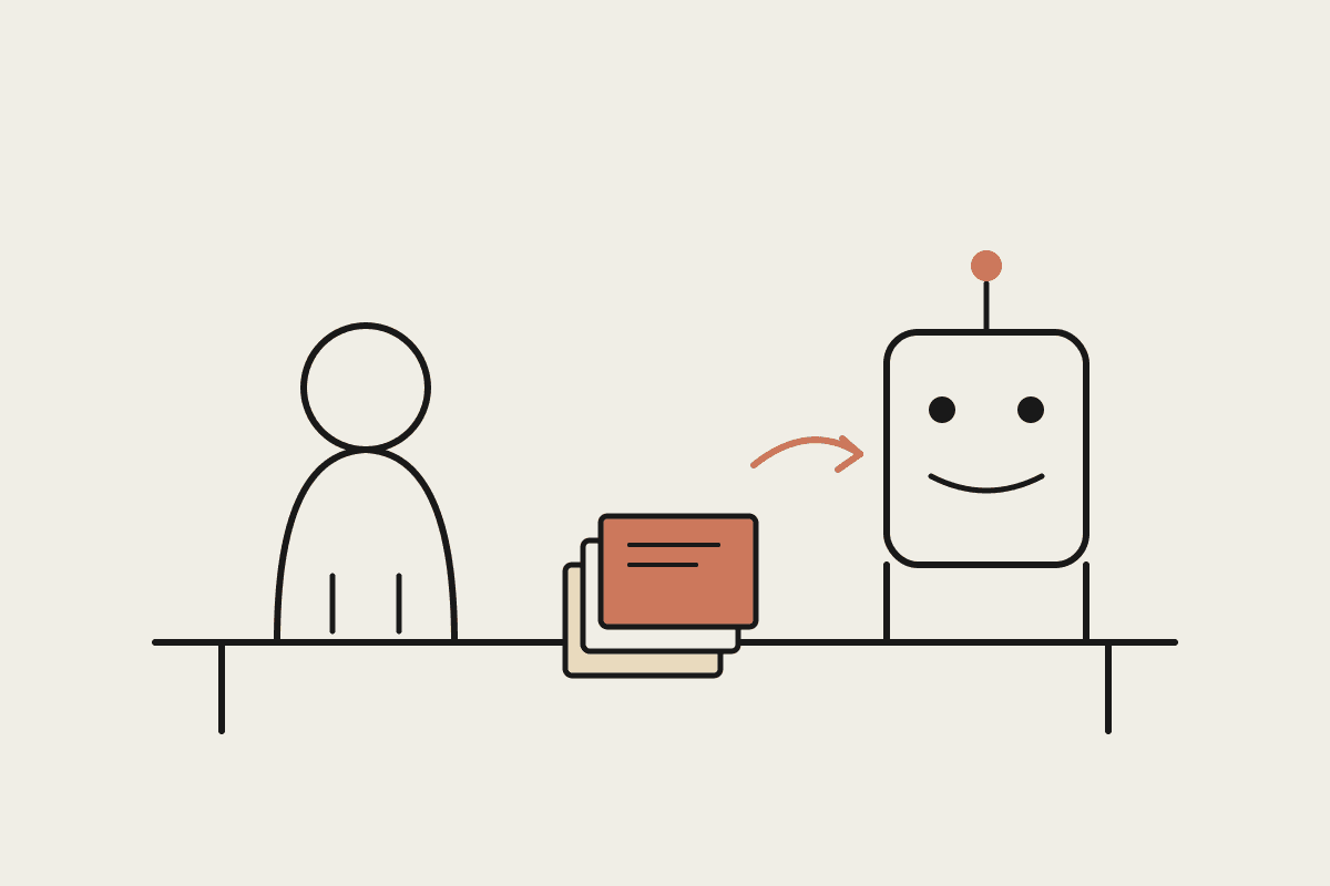 A founder hands a stack of papers to a friendly robot assistant across a desk, the top paper highlighted in terracotta.