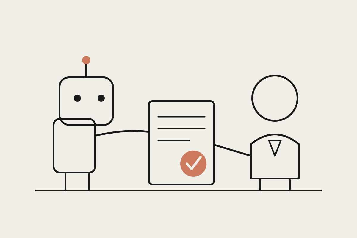 A friendly robot hands a reviewed document bearing a terracotta sign-off stamp to a professional, illustrating human review of AI-drafted work