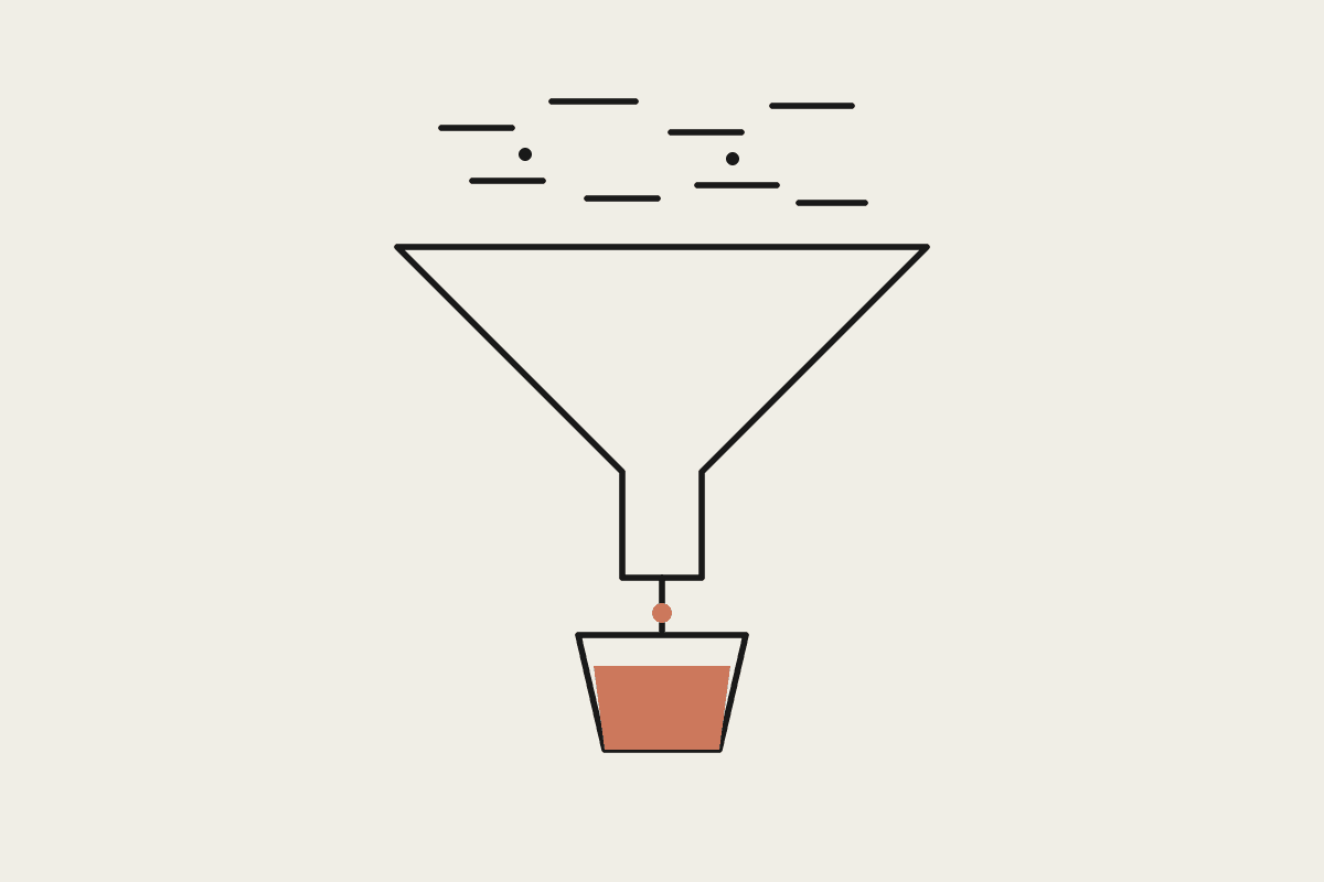 A funnel filtering scattered noisy input into a small clean terracotta cup, illustrating a tight context budget.