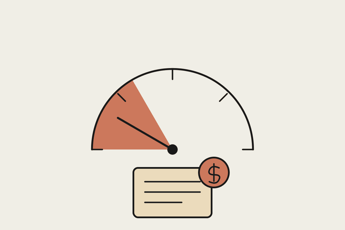 A gauge needle resting in a terracotta on-scope zone above a fixed-fee agreement and a coin