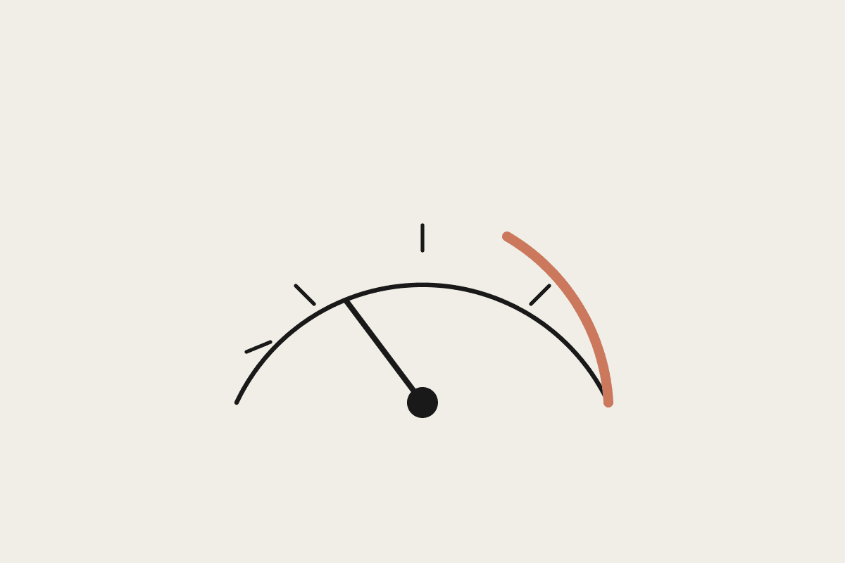 A gauge with a needle pointing to a marked zone, drawn in notebook style