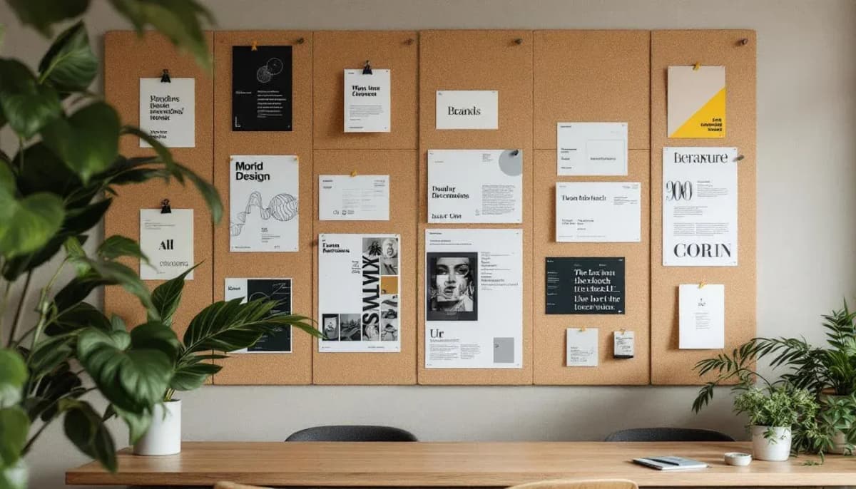A design studio reference wall with printed brand layouts, typographic specimens, and handwritten notes pinned to a cork board