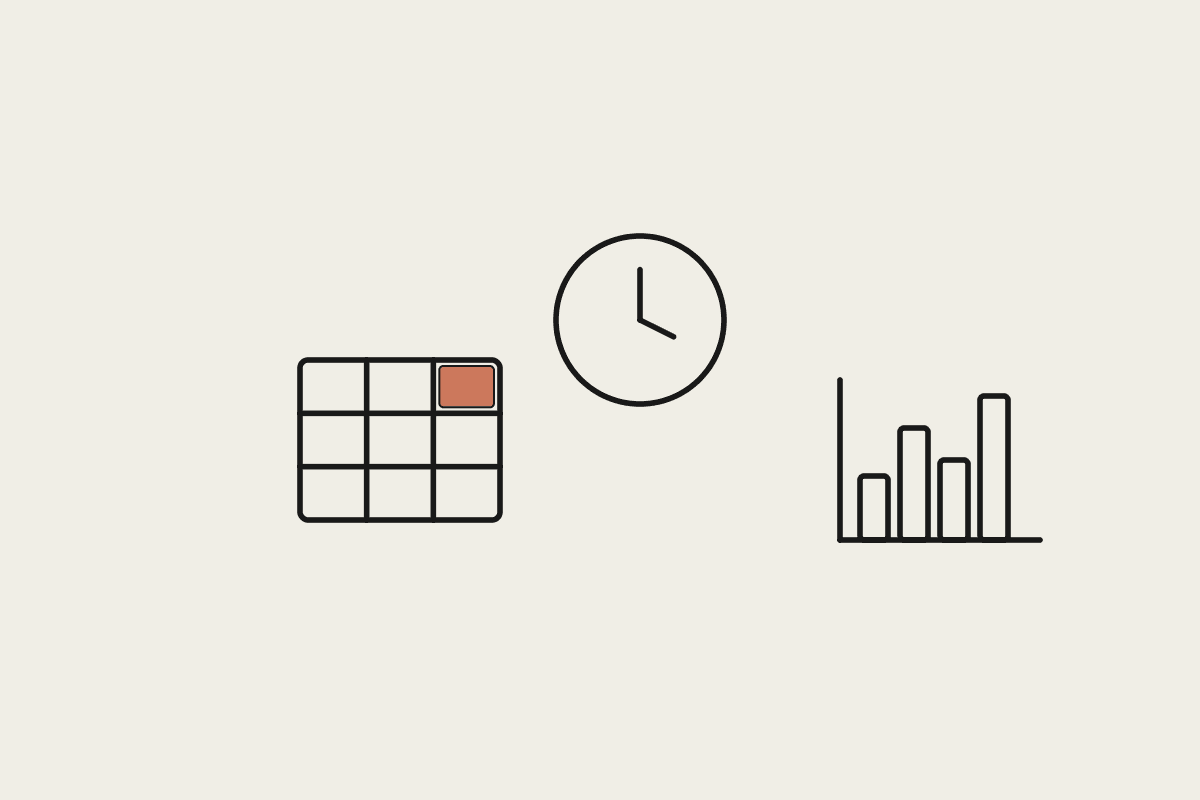 A grid, a clock and a chart representing the three cost-reduction levers of caching, batching and model choice
