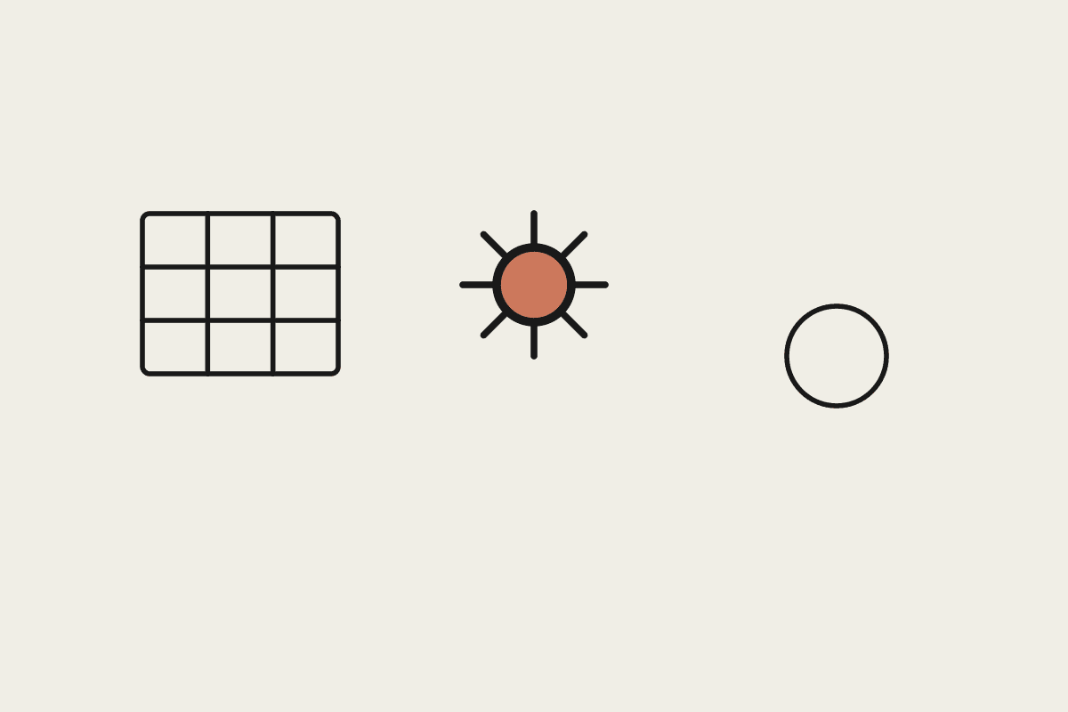 A grid, a terracotta gear, and a checkmark