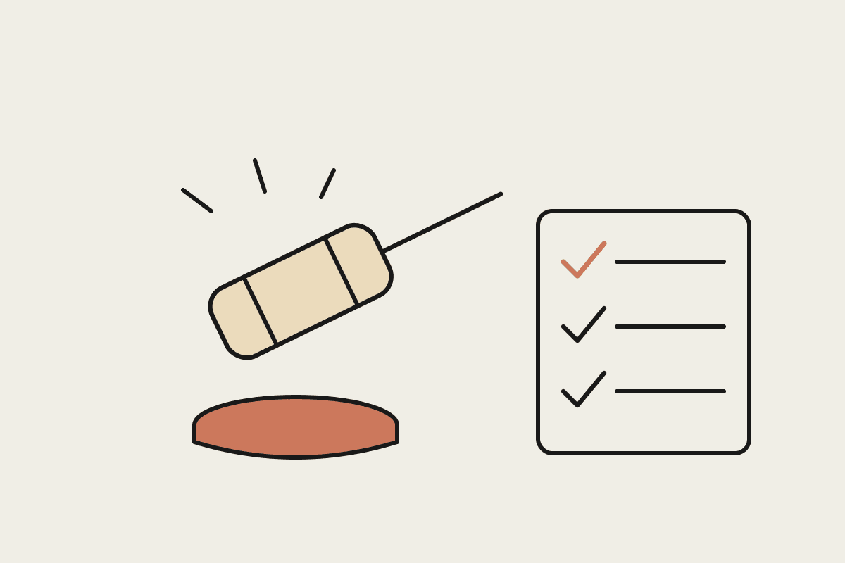 A hand-drawn auction gavel striking a sound block beside a checklist with ticked items