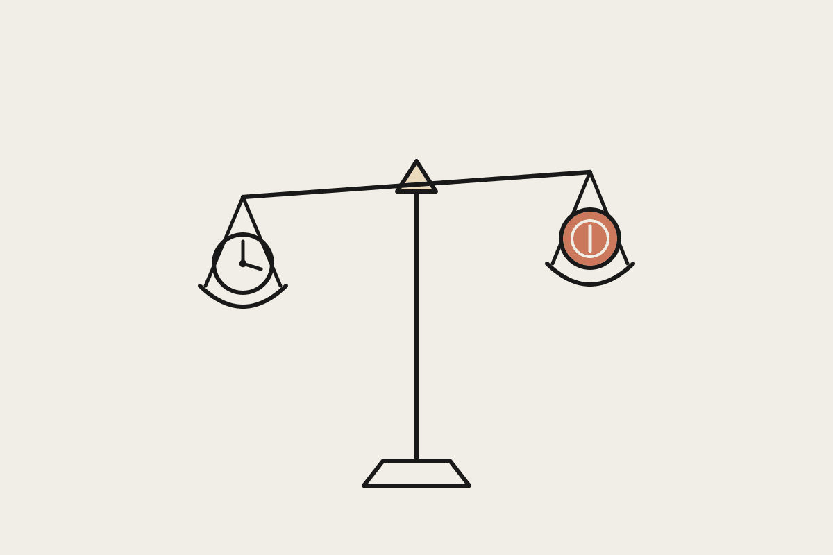 A hand-drawn balance scale weighing a clock against a dollar coin, representing time versus money in a Claude setup decision.