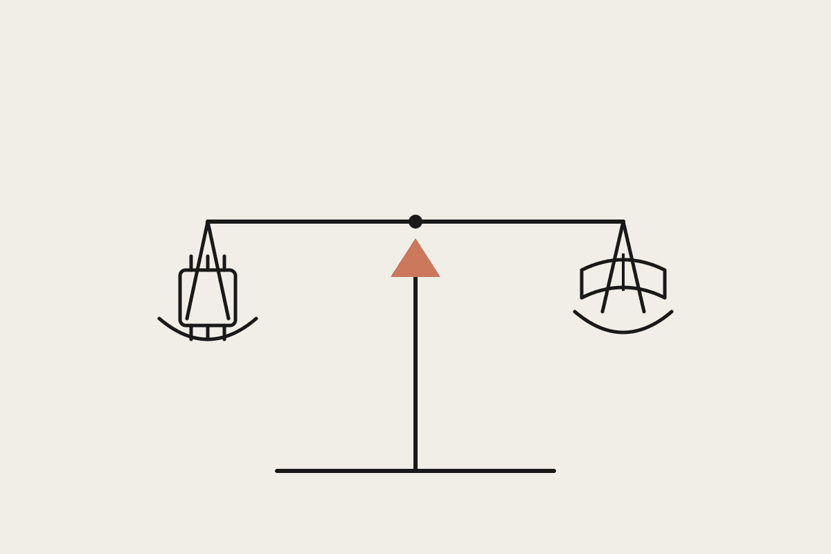 A hand-drawn balance scale weighing a computer chip against an open book, with a terracotta fulcrum, representing the open-weight AI policy debate
